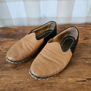 Sabah Turkish Shoes Tan Black 2-Tone Leather Handmade Shoes Slip‎ On Loafers 6.5
